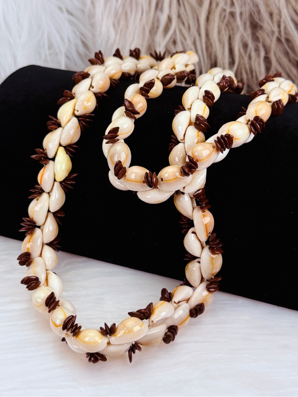 Bohemian Cowrie Shell Brown Seed Bead Long Lei Necklace Island Resort
